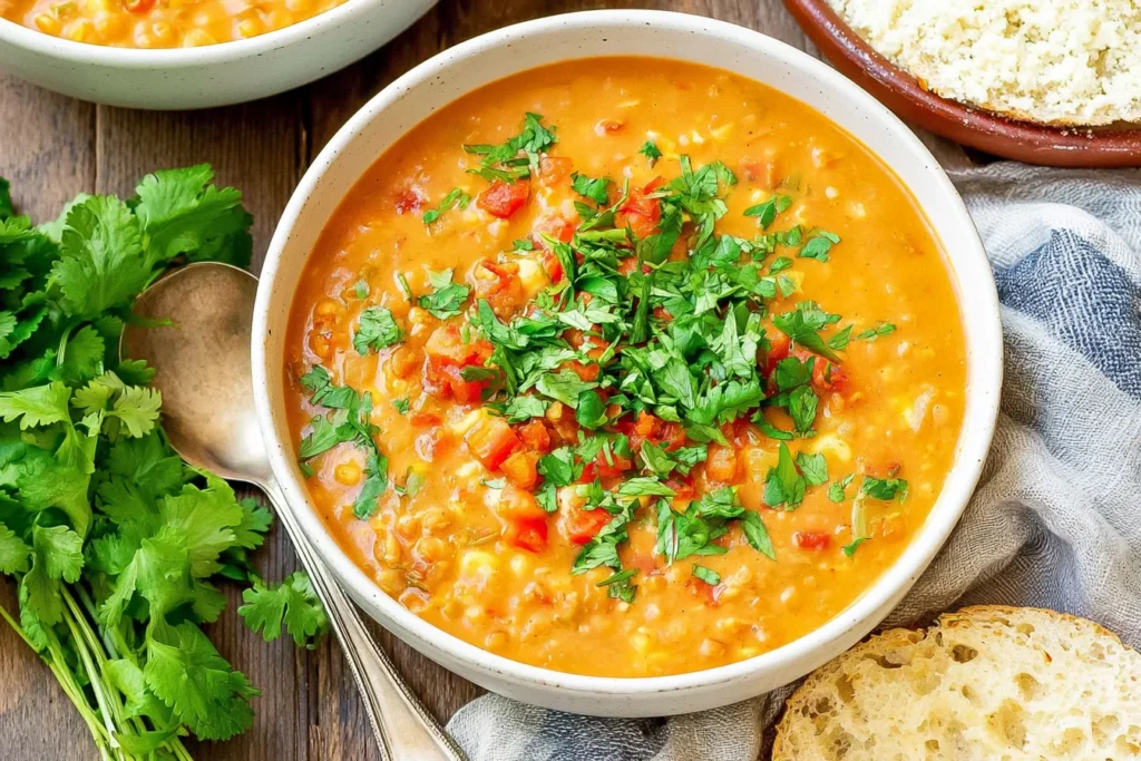 Red Lentil Corn Chowder with creamy red lentils, sweet corn, tomatoes, and fresh cilantro served with crusty bread.