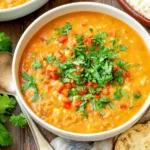 Red Lentil Corn Chowder with creamy red lentils, sweet corn, tomatoes, and fresh cilantro served with crusty bread.