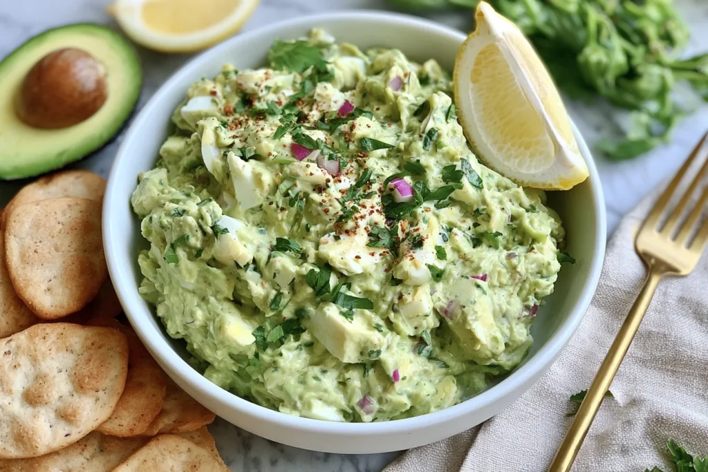 Herby Avocado Egg Salad with hard-boiled eggs, creamy avocado, fresh parsley, red onion, lemon, and herbs served with crackers.