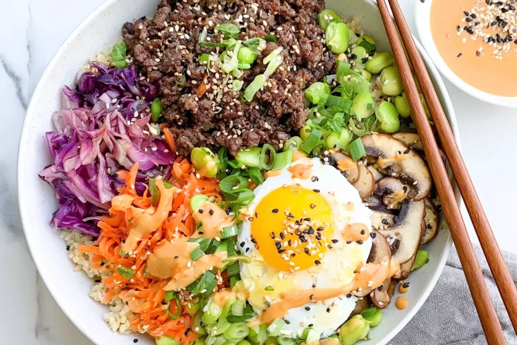 Korean Beef Bowl with ground beef, fried egg, cabbage, carrots, avocado, and spicy sauce over rice