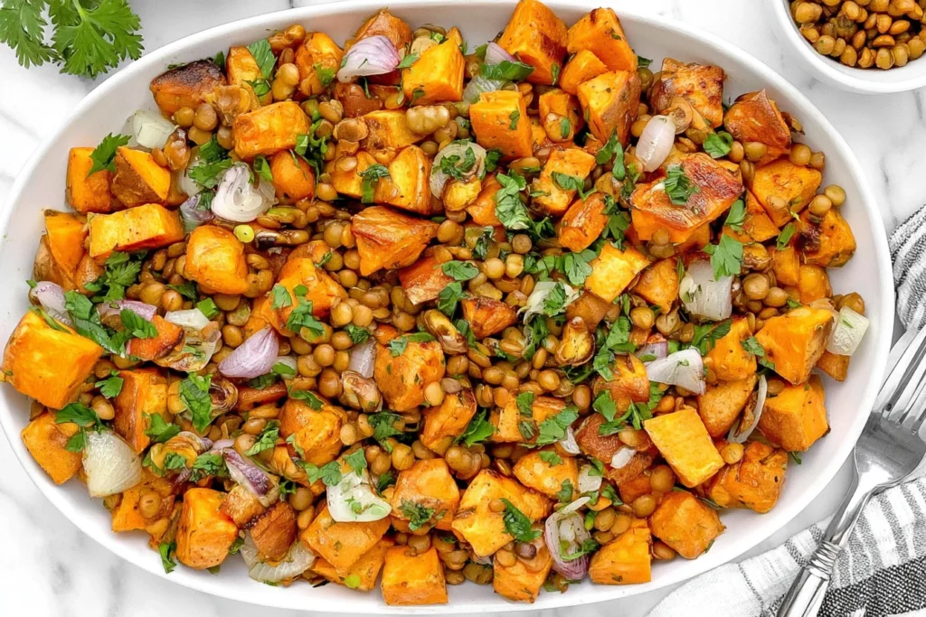 Lentil Sweet Potato Salad with roasted sweet potatoes, tender lentils, fresh parsley, and onions in a white serving dish.
