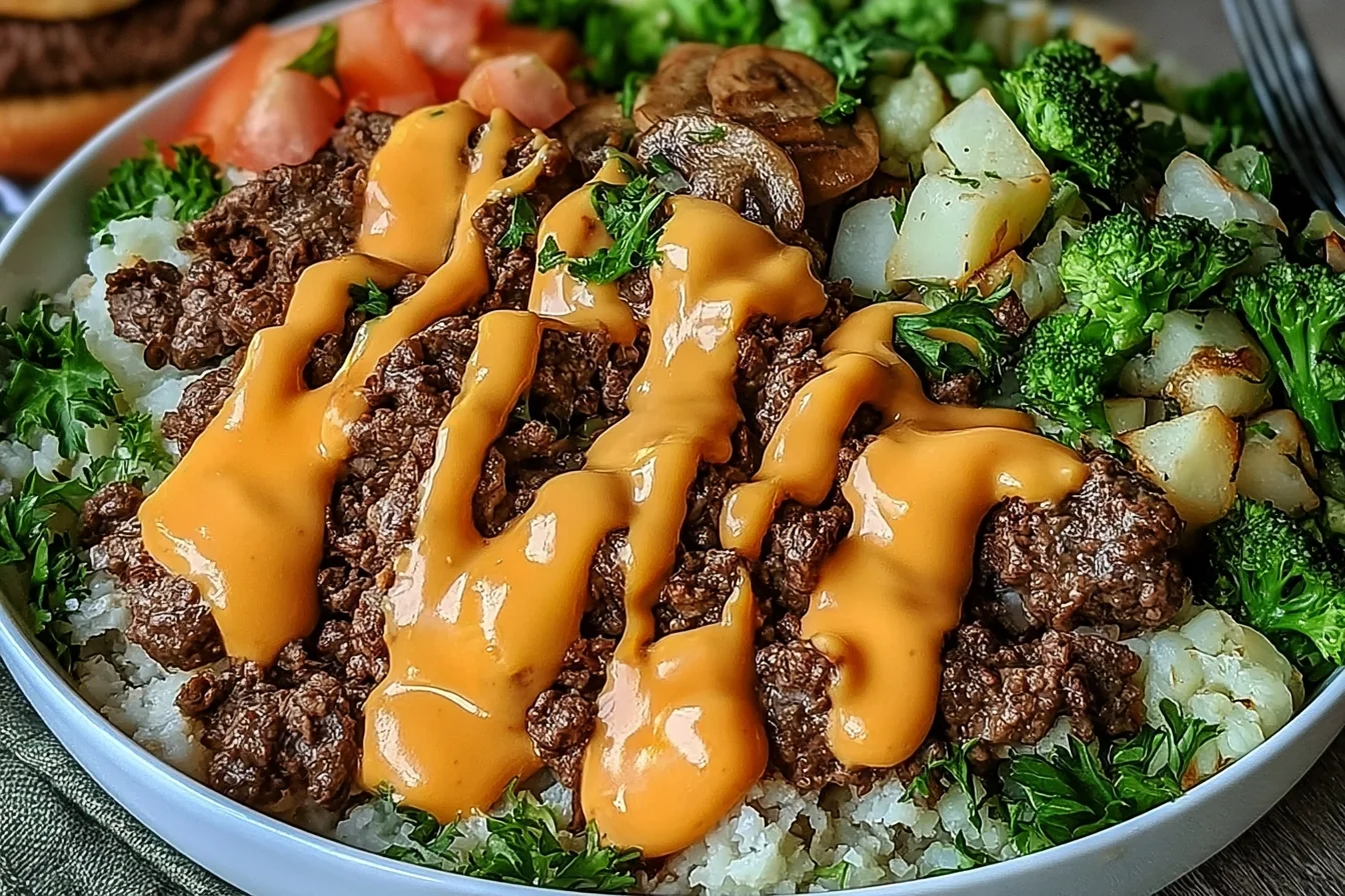 Smash Burger Bowl with seasoned ground beef, roasted vegetables, cauliflower rice, broccoli, mushrooms, and creamy burger sauce.