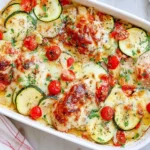 Mediterranean Chicken Zucchini Bake with juicy chicken, sliced zucchini, cherry tomatoes, melted cheese, and fresh herbs in a baking dish