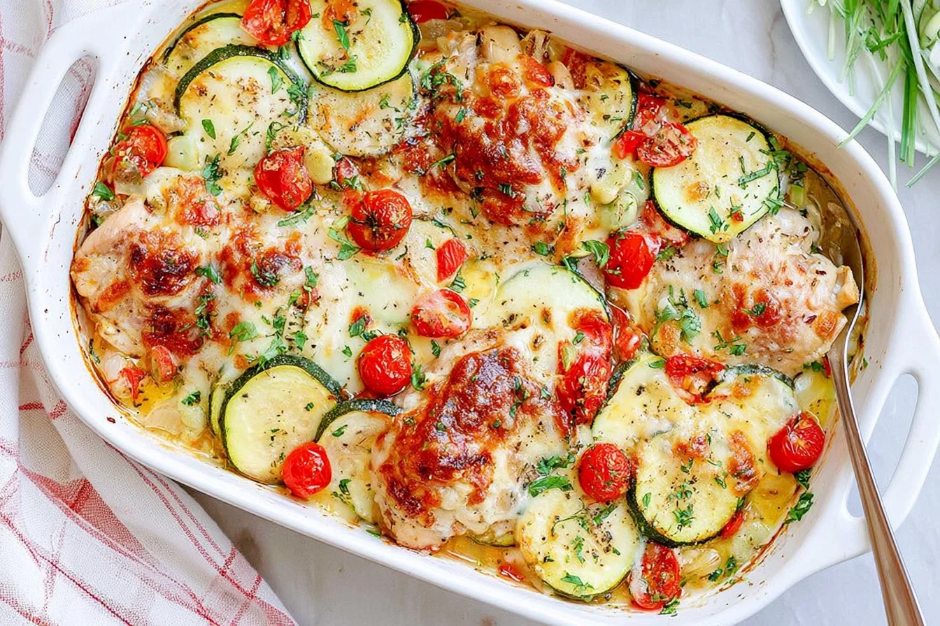 Mediterranean Chicken Zucchini Bake with juicy chicken, sliced zucchini, cherry tomatoes, melted cheese, and fresh herbs in a baking dish