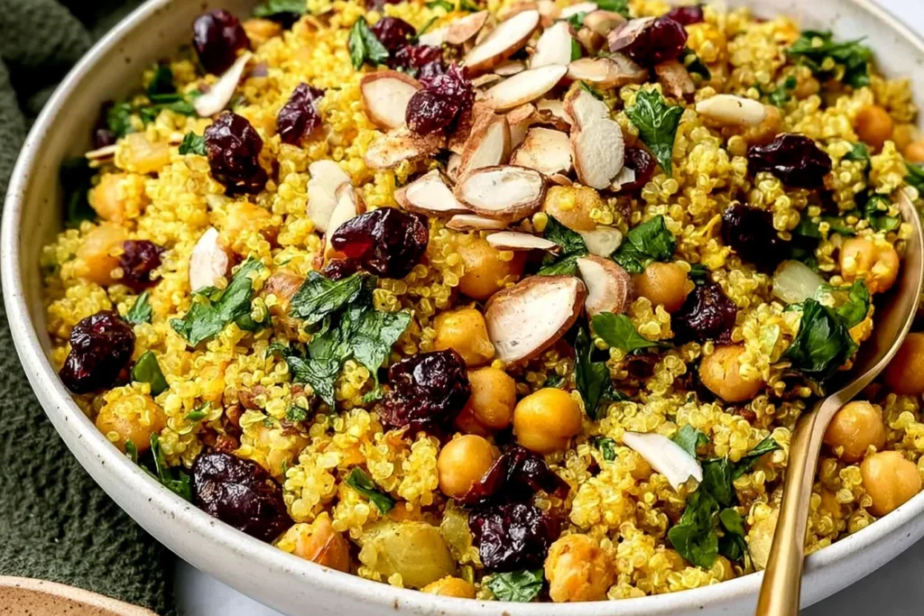 Moroccan Chickpea Quinoa Salad topped with dried cranberries, sliced almonds, chickpeas, and fresh parsley