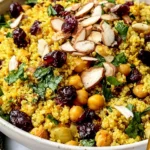 Moroccan Chickpea Quinoa Salad topped with dried cranberries, sliced almonds, chickpeas, and fresh parsley