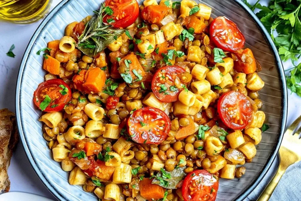Lentil Pasta with green lentils, ditalini, cherry tomatoes, carrots, fresh parsley, and herbs in a savory tomato broth.