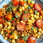 Lentil Pasta with green lentils, ditalini, cherry tomatoes, carrots, fresh parsley, and herbs in a savory tomato broth.