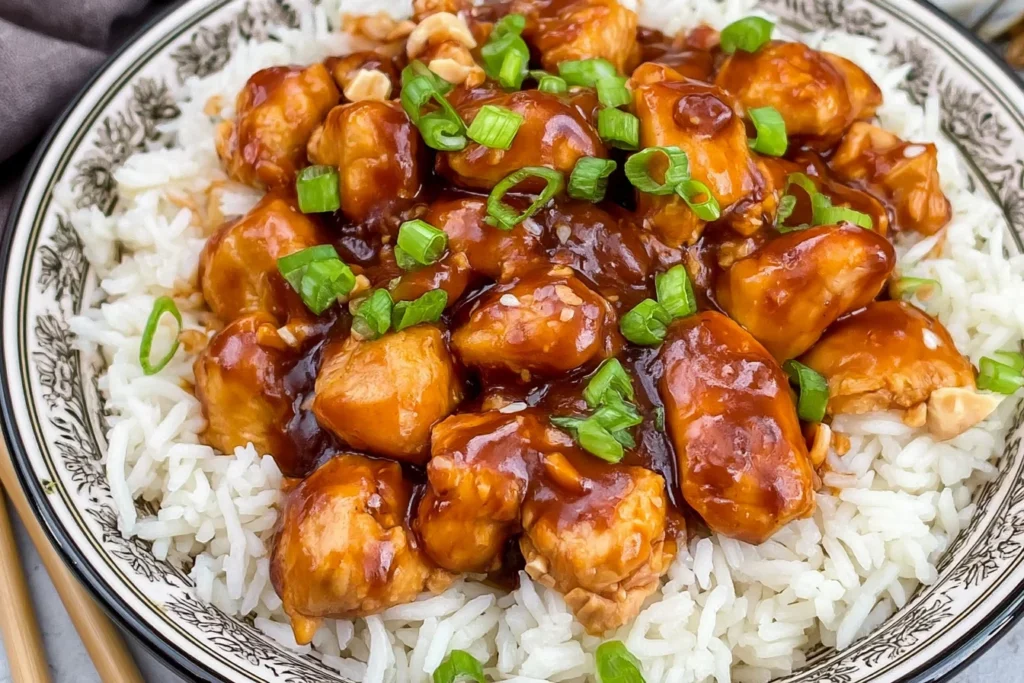 Peanut Butter Chicken with creamy savory peanut sauce served over fluffy white rice and topped with green onions and chopped peanuts.