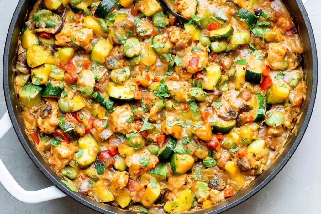 Tex Mex Chicken and Zucchini skillet with tender chicken, colorful bell peppers, zucchini, vegetables, and fresh cilantro
