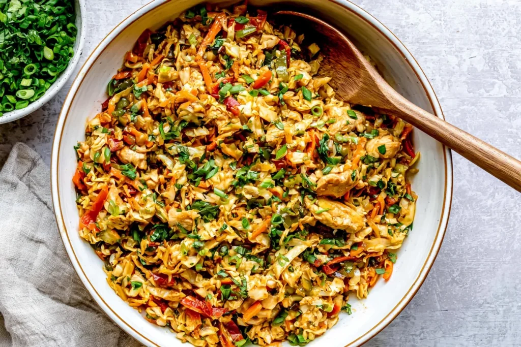 Thai Chicken Cabbage Stir Fry with tender chicken, shredded cabbage, carrots, green onions, cilantro, and savory peanut sauce.