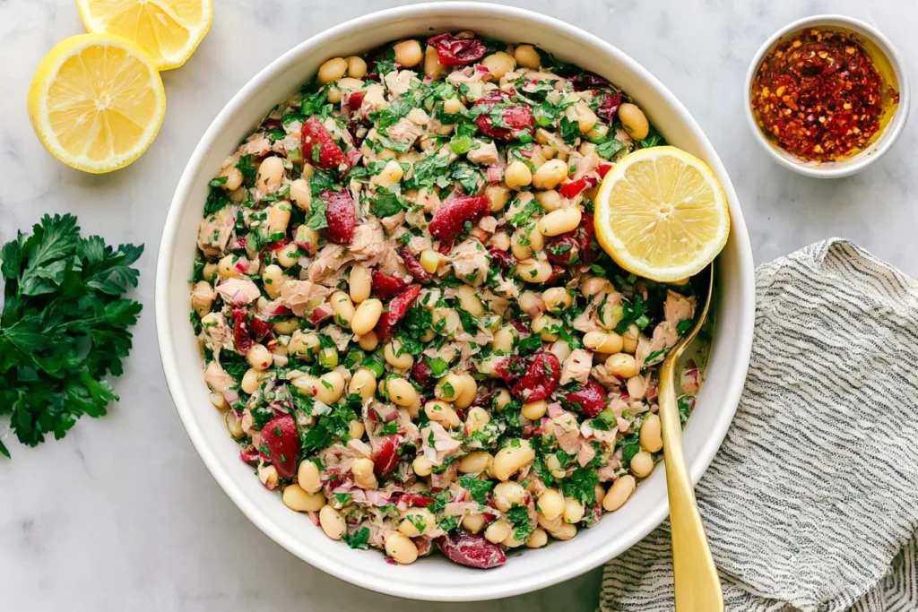 Tuna And White Bean Salad with cannellini beans, flaky tuna, parsley, red onion, sun-dried tomatoes, and fresh lemon.