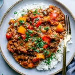 Unstuffed Peppers with seasoned ground turkey, colorful bell peppers, tomato sauce, fresh parsley, and fluffy white rice.