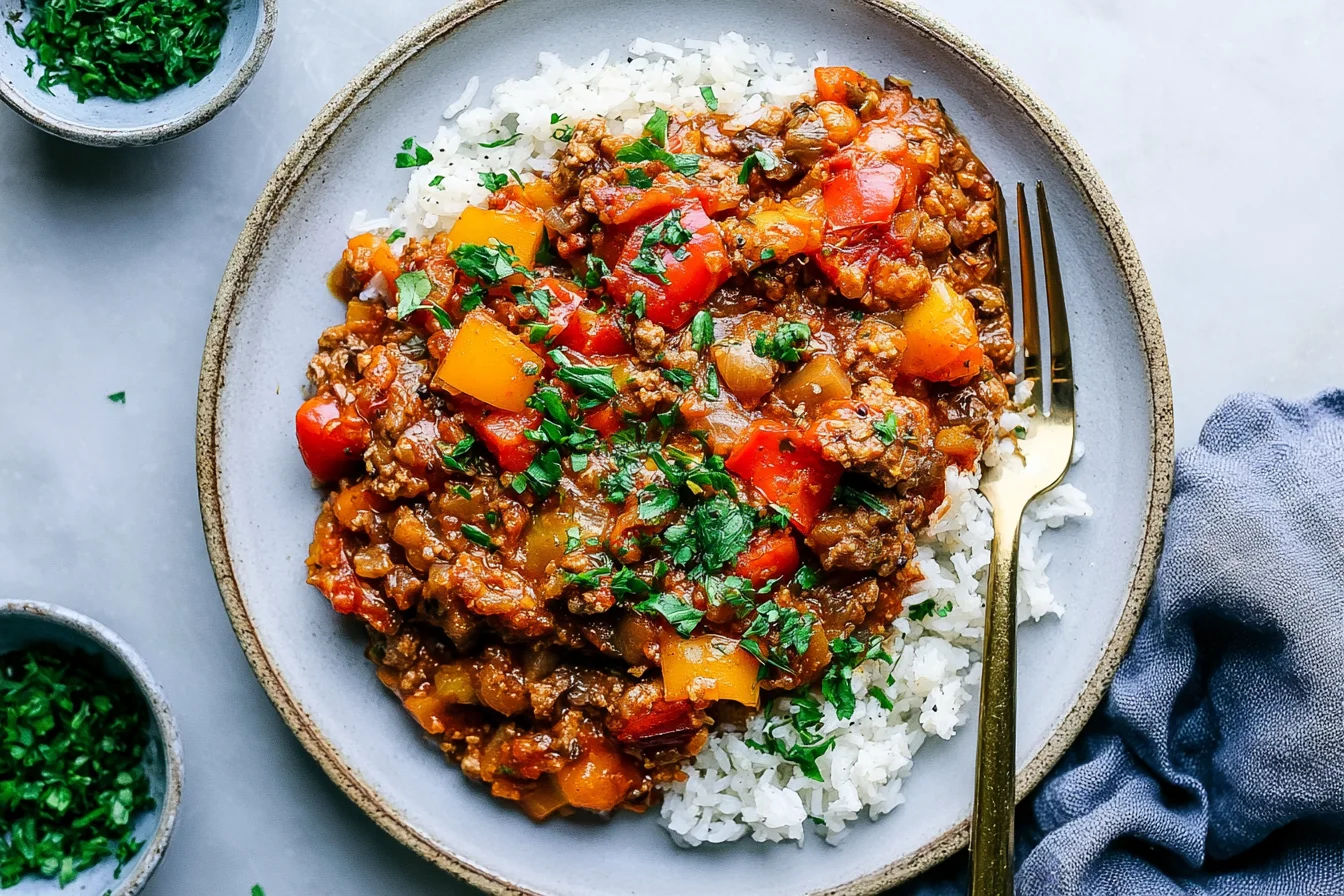 Unstuffed Peppers with seasoned ground turkey, colorful bell peppers, tomato sauce, fresh parsley, and fluffy white rice.