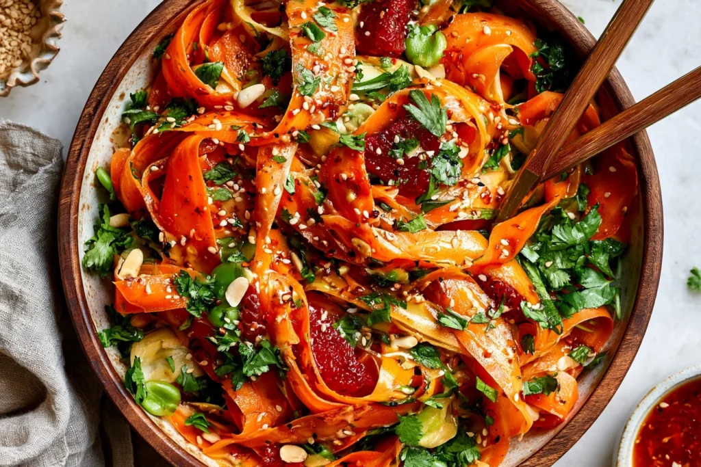 Carrot Salad with citrus miso-ginger dressing, fresh herbs, sesame seeds, and pomegranate in a vibrant bowl