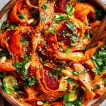 Carrot Salad with citrus miso-ginger dressing, fresh herbs, sesame seeds, and pomegranate in a vibrant bowl