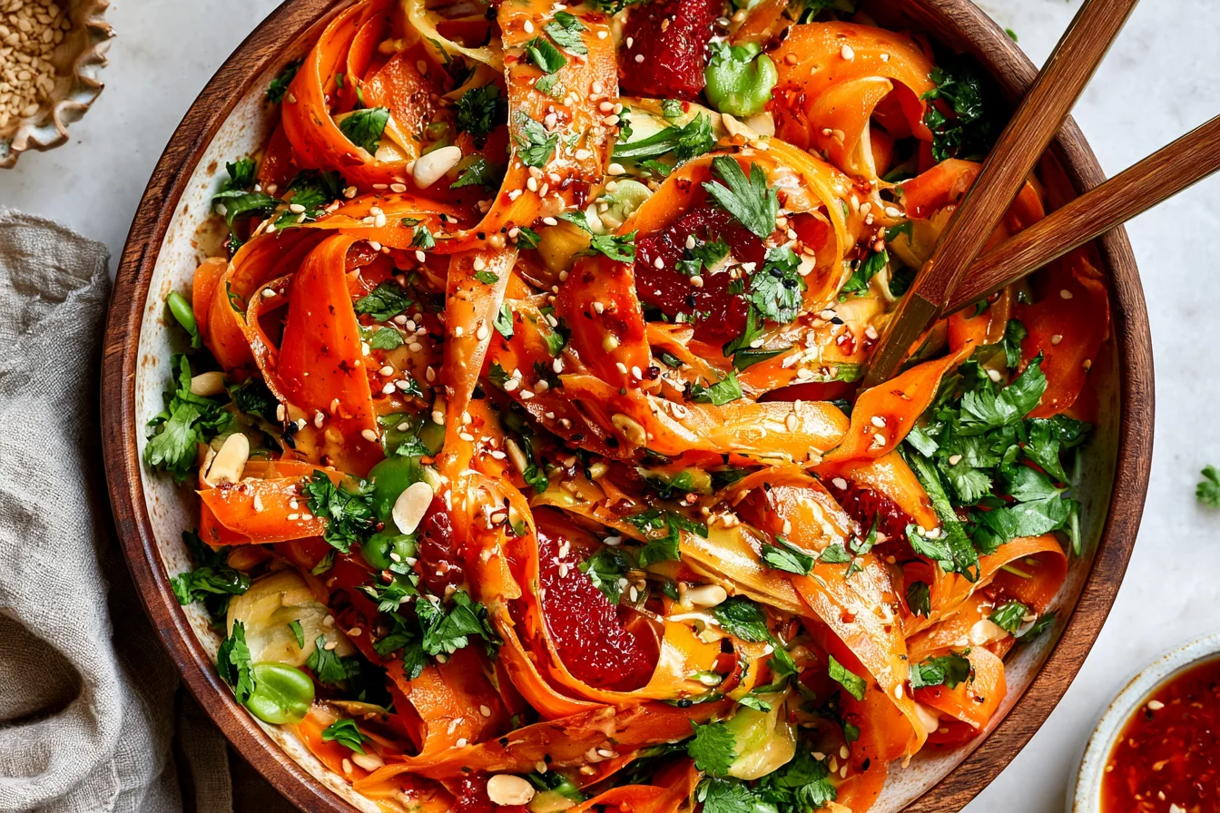Carrot Salad with citrus miso-ginger dressing, fresh herbs, sesame seeds, and pomegranate in a vibrant bowl