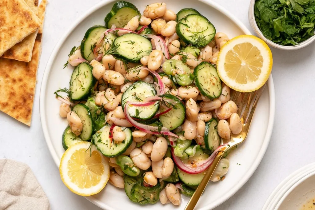 Dilly White Bean Cucumber Salad served on a plate with creamy white beans, crisp cucumbers, red onion, fresh dill, and lemon wedges.