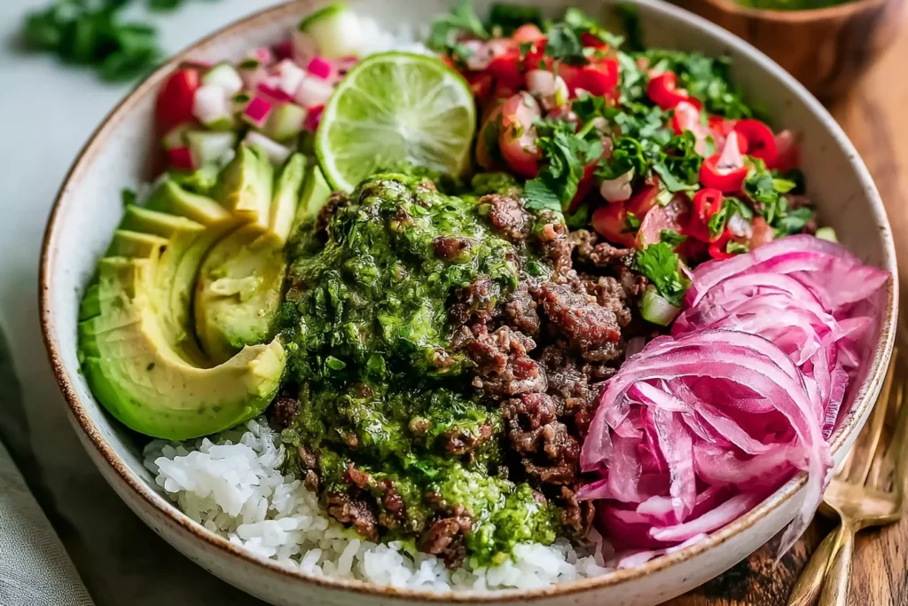 Ground Beef Chimichurri Bowls with rice, avocado slices, lime, fresh tomato salsa, and pickled red onions topped with vibrant chimichurri sauce