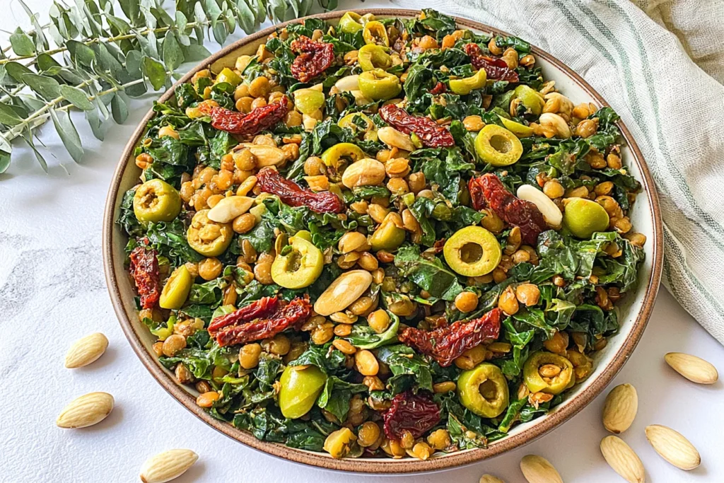 Lemon Pesto Lentil Salad with kale, olives, sun-dried tomatoes, and almonds in a vibrant bowl
