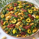 Lemon Pesto Lentil Salad with kale, olives, sun-dried tomatoes, and almonds in a vibrant bowl