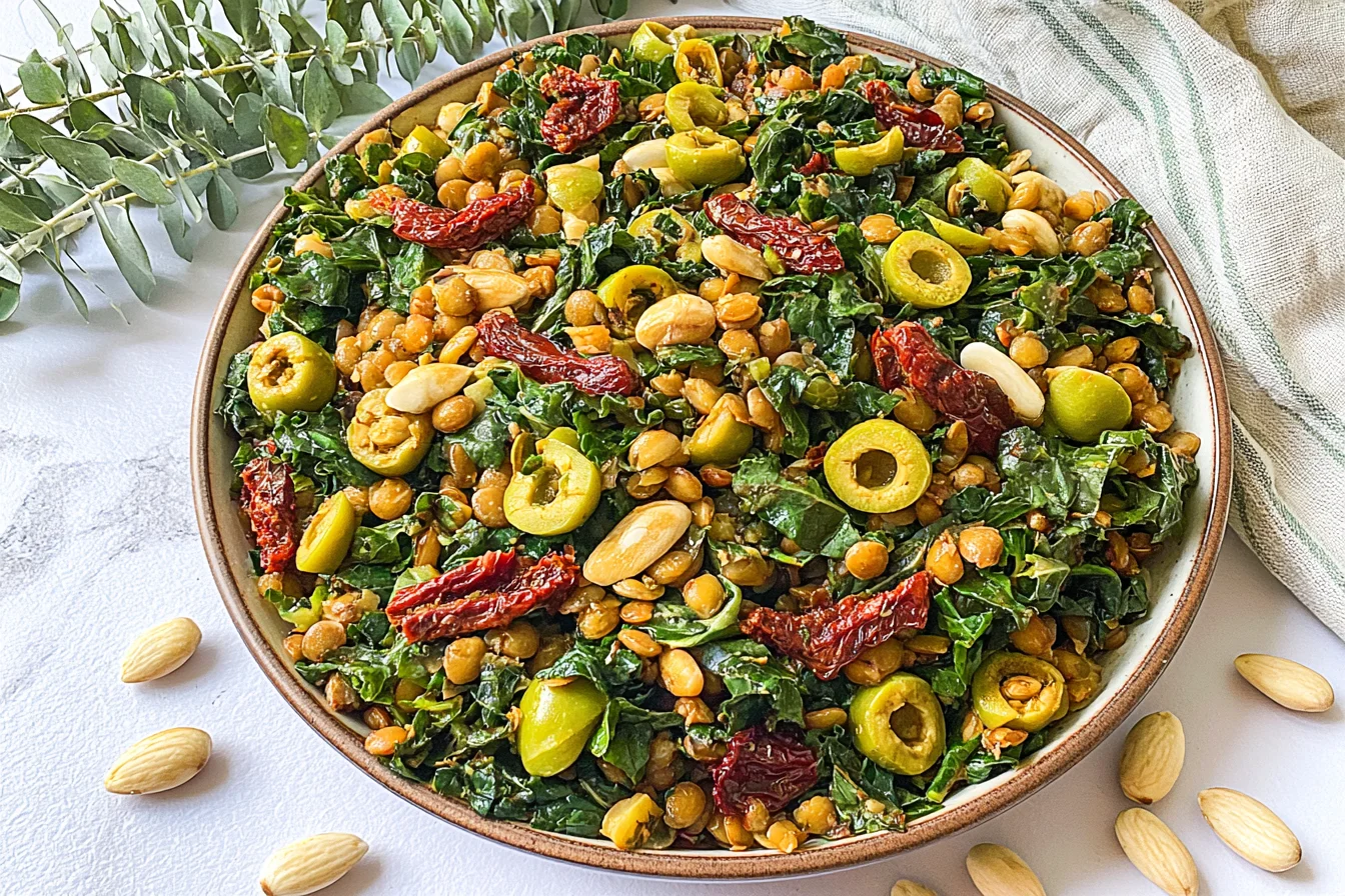 Lemon Pesto Lentil Salad with kale, olives, sun-dried tomatoes, and almonds in a vibrant bowl