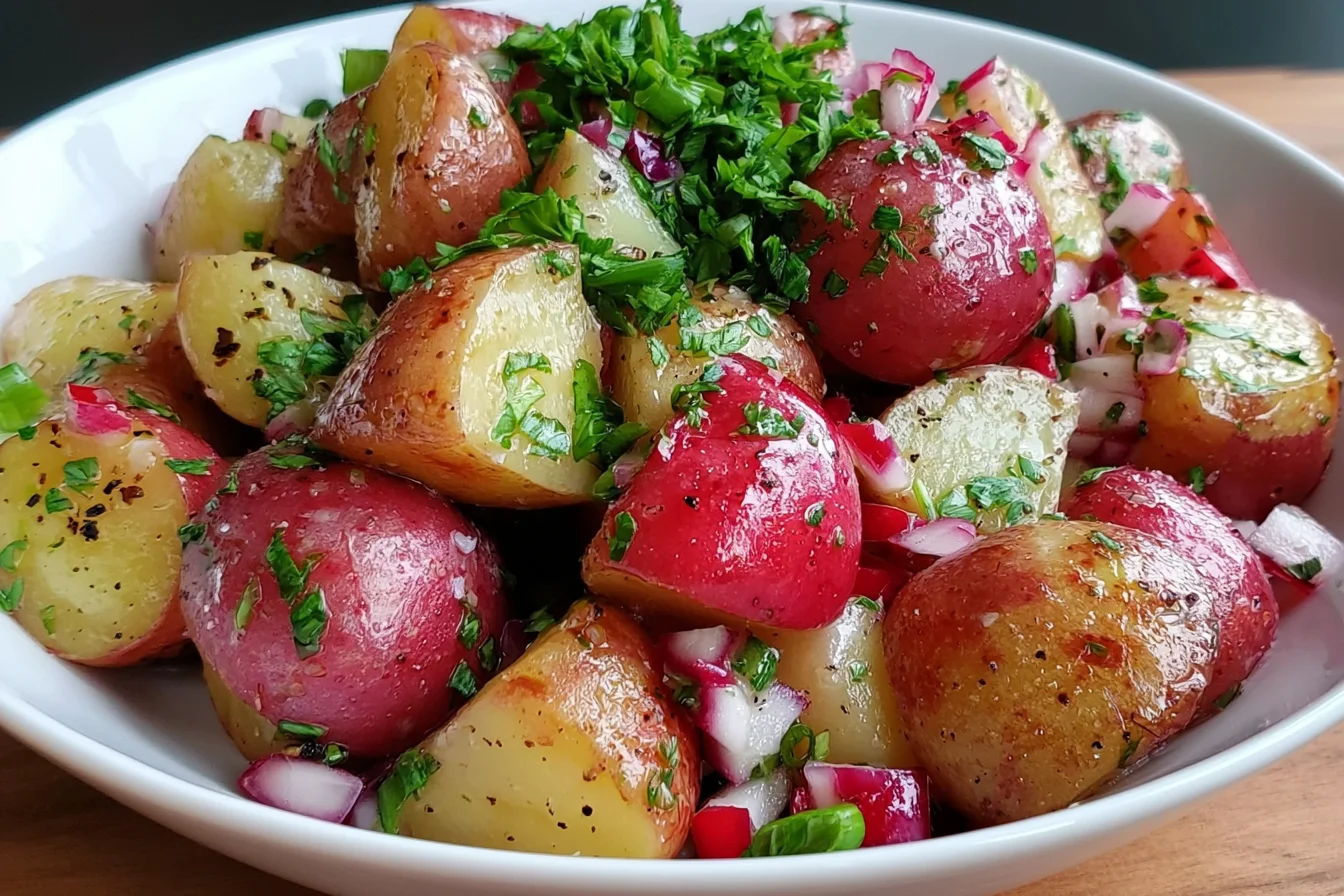 Salt and Vinegar Potato Salad with red potatoes, fresh herbs, and tangy dressing in a white bowl