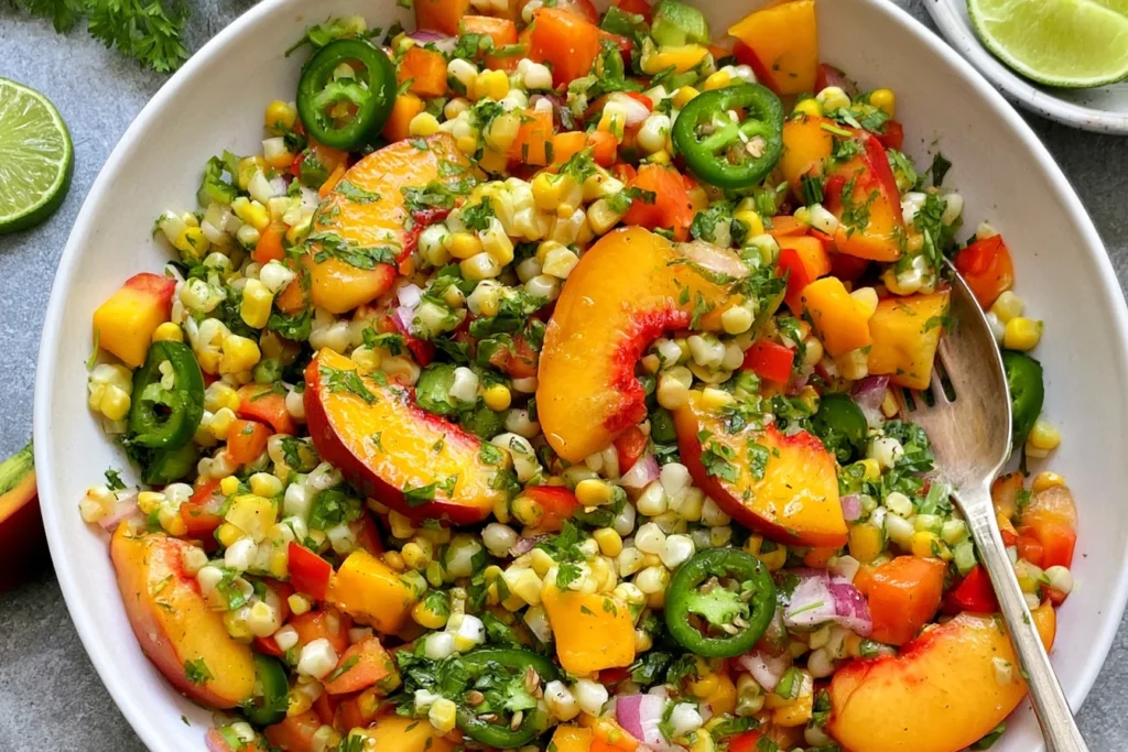 Sweet corn salad with peaches, jalapeño, red onion, cilantro, and fresh lime in a serving bowl.