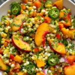 Sweet corn salad with peaches, jalapeño, red onion, cilantro, and fresh lime in a serving bowl.