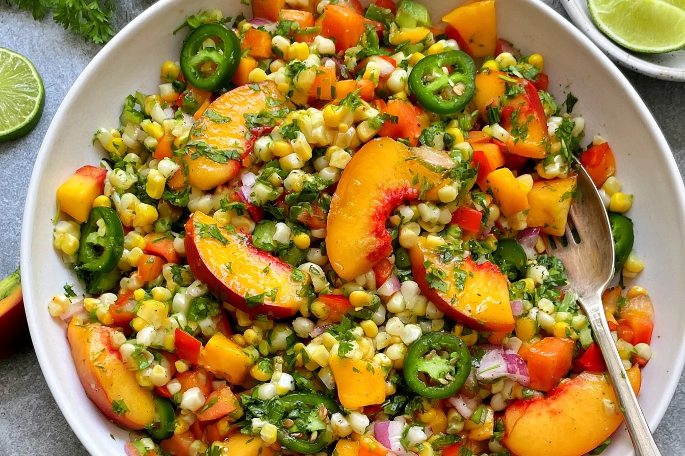 Sweet corn salad with peaches, jalapeño, red onion, cilantro, and fresh lime in a serving bowl.
