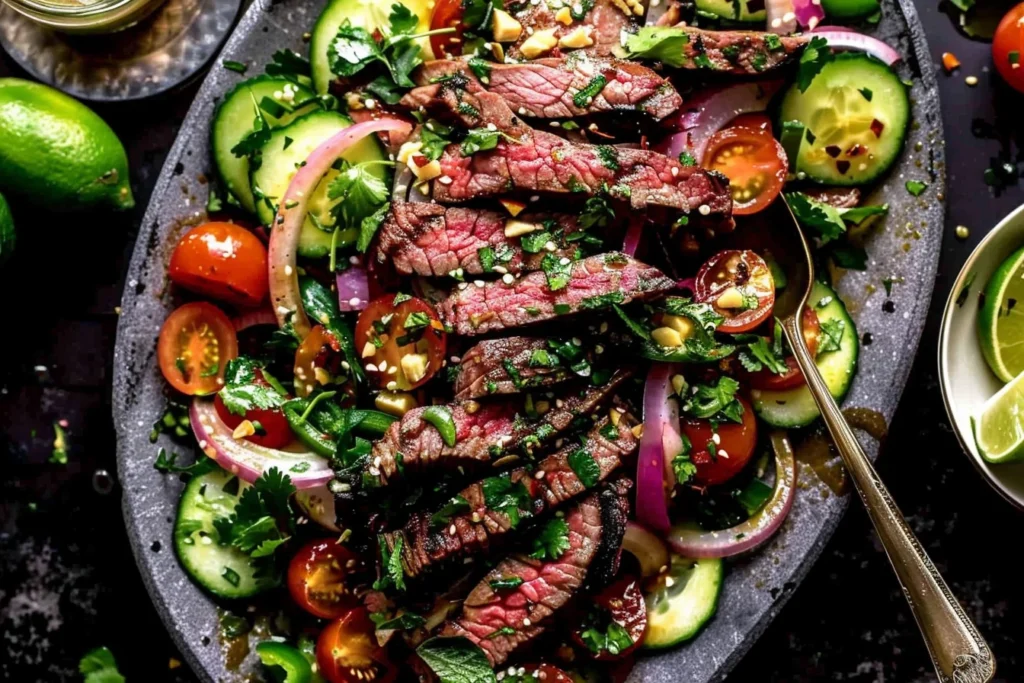 Thai Beef Salad with sliced grilled steak, cherry tomatoes, cucumbers, red onions, and fresh herbs with lime dressing