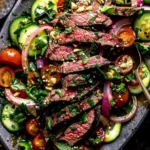 Thai Beef Salad with sliced grilled steak, cherry tomatoes, cucumbers, red onions, and fresh herbs with lime dressing