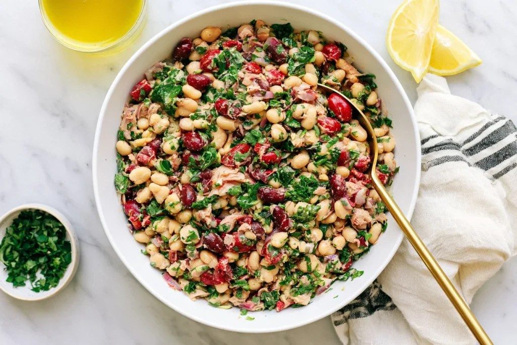 Tuna And White Bean Salad with cannellini beans, tuna, fresh parsley, red onion, sun-dried tomatoes, and lemon dressing.