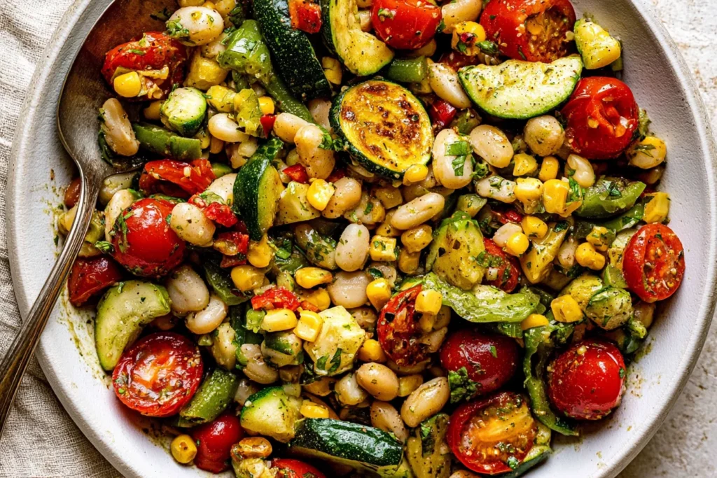White bean salad with summer vegetables, grilled zucchini, corn, cherry tomatoes, cannellini beans, and fresh herbs.