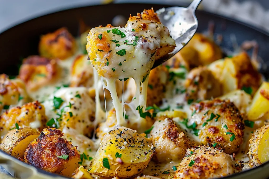 Garlic Parmesan Chicken and Potatoes with golden chicken, roasted baby potatoes, melted cheese, garlic seasoning, and fresh parsley.