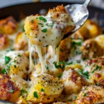 Garlic Parmesan Chicken and Potatoes with golden chicken, roasted baby potatoes, melted cheese, garlic seasoning, and fresh parsley.