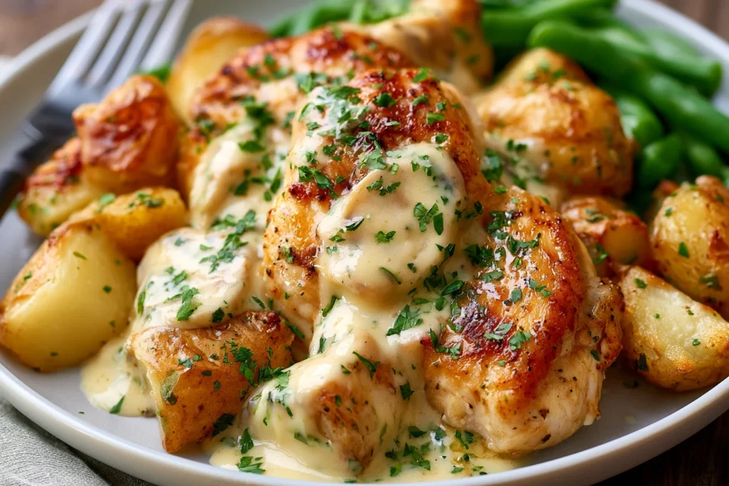 Garlic Parmesan Chicken and Potatoes with juicy golden chicken breasts, roasted baby potatoes, creamy Parmesan sauce, and fresh parsley.