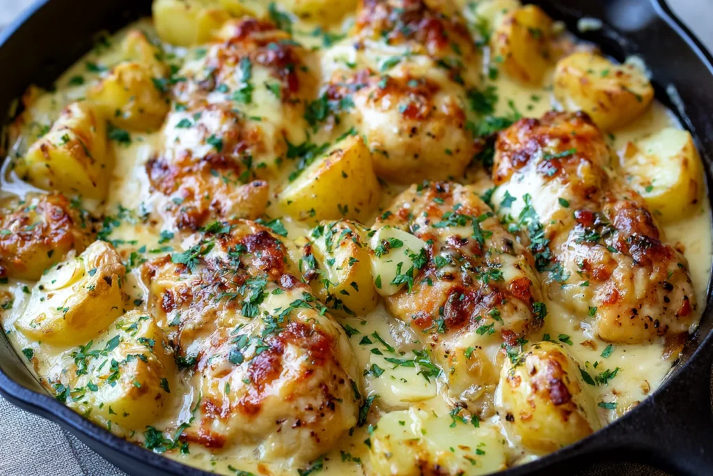 Garlic Parmesan Chicken and Potatoes with golden roasted chicken, tender baby potatoes, melted Parmesan, garlic, and fresh parsley.