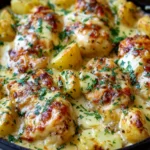 Garlic Parmesan Chicken and Potatoes with golden roasted chicken, tender baby potatoes, melted Parmesan, garlic, and fresh parsley.
