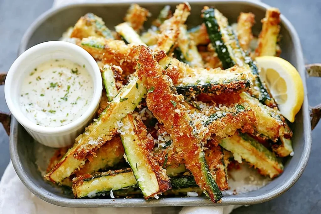 Crispy baked Parmesan Zucchini Fries with golden panko coating, ranch dipping sauce, and a fresh lemon wedge.