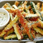Crispy baked Parmesan Zucchini Fries with golden panko coating, ranch dipping sauce, and a fresh lemon wedge.