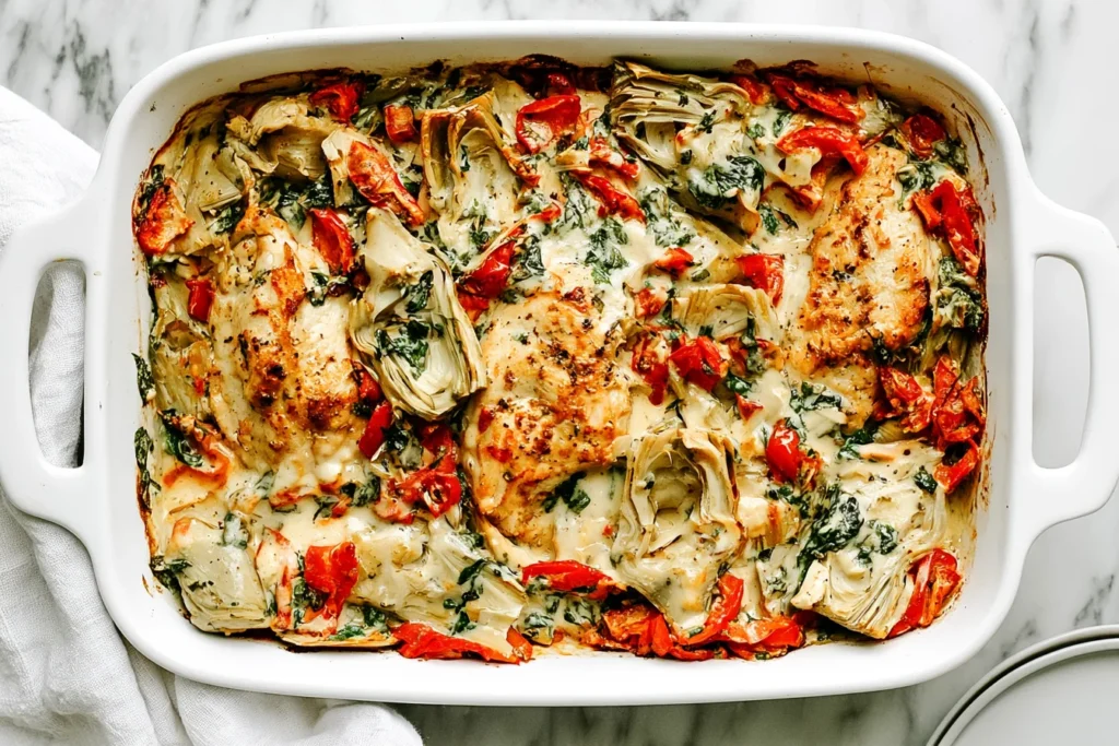 Spinach Artichoke Chicken Bake with golden chicken breasts, melted cheese, spinach, and artichokes in a creamy casserole dish