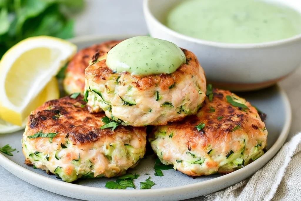 Chicken Zucchini Poppers topped with creamy cilantro sauce and served with fresh lemon wedges and herbs.