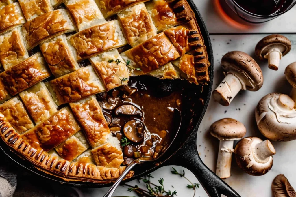 Mushroom Pot Pie with golden lattice pastry, rich mushroom filling, fresh thyme, and cremini mushrooms in a cast-iron skillet.