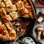 Mushroom Pot Pie with golden lattice pastry, rich mushroom filling, fresh thyme, and cremini mushrooms in a cast-iron skillet.