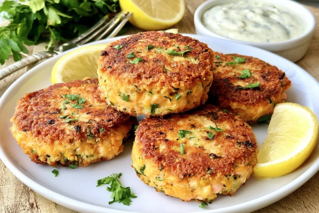 Sweet Potato Salmon Fish Cakes with Herbs, pan-fried until golden and crispy, served with lemon wedges, parsley, and creamy herb sauce.