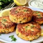 Sweet Potato Salmon Fish Cakes with Herbs, pan-fried until golden and crispy, served with lemon wedges, parsley, and creamy herb sauce.