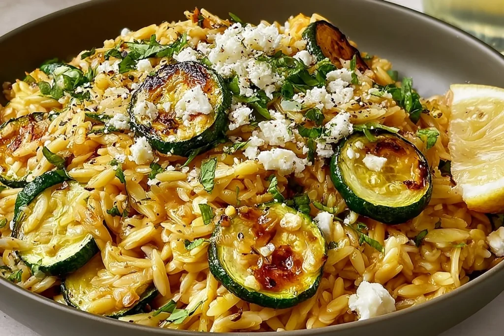 Greek Lemon Orzo with Roasted Zucchini topped with crumbled feta, fresh parsley, and roasted zucchini, served with a lemon wedge.