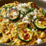 Greek Lemon Orzo with Roasted Zucchini topped with crumbled feta, fresh parsley, and roasted zucchini, served with a lemon wedge.