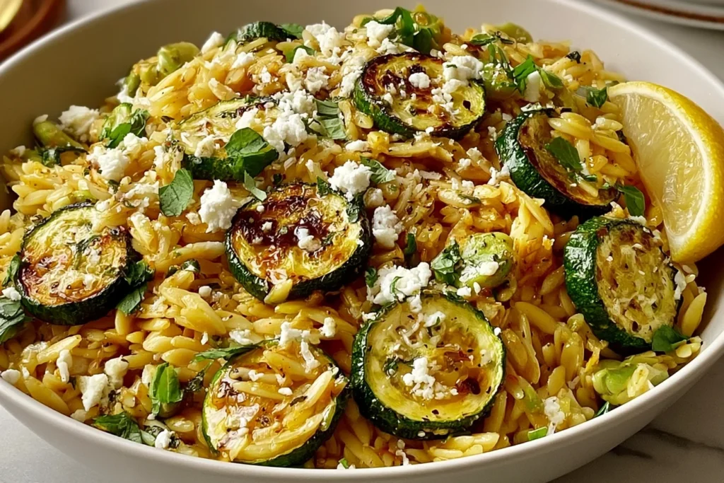 Greek Lemon Orzo with Roasted Zucchini topped with crumbled feta, fresh parsley, black pepper, and a fresh lemon wedge.